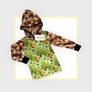 Camp time long sleeve hooded Shirt in sizes 3T & 4T. Minky soft material